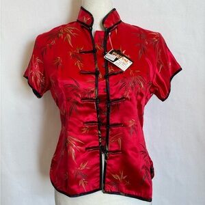 ESME Women Sz M traditional Asian Red Satin Blouse with Black Accents bamboo